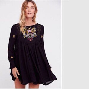 Free People Black Mini Dress with Multicolor Floral Embroidery